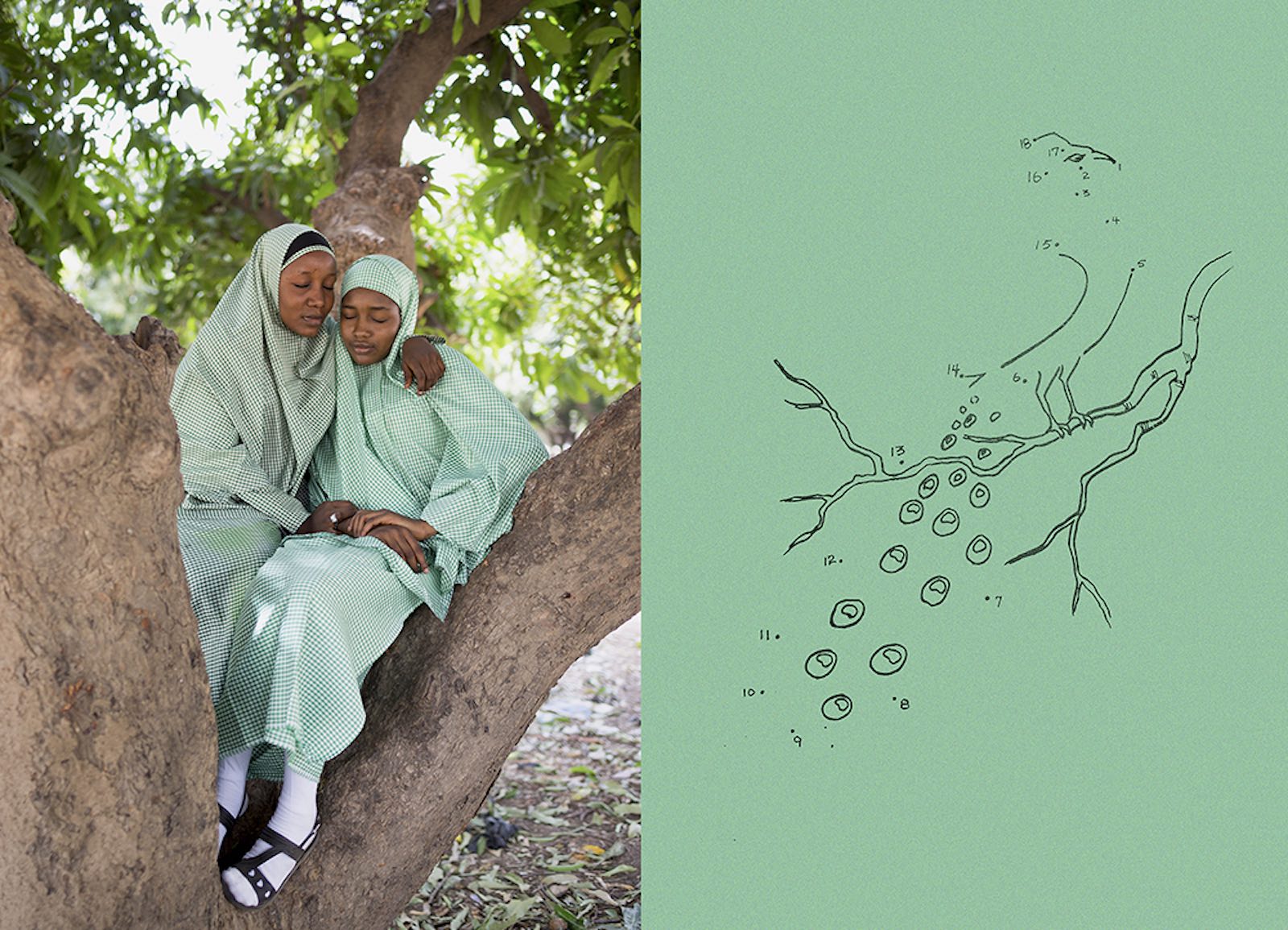 Rahima Gambo Rukkaya and Hadiza, Maiduguri, Nigeria, 2016. Juxtaposed with a connect-the-dots style illustration from a school book. From the series Education is Forbidden, 2015–16. 
